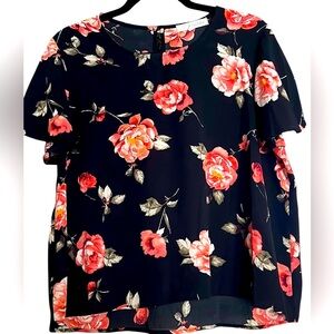 REWIND Black/Coral/Peach/Cream Floral Flutter Sleeve Crop Top, Size XL, GUC.